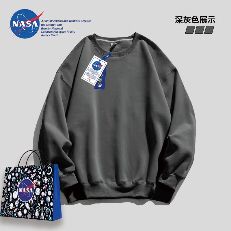 NASA官方日系简约纯色圆领卫衣男潮牌运动休闲宽松情侣打底上衣女