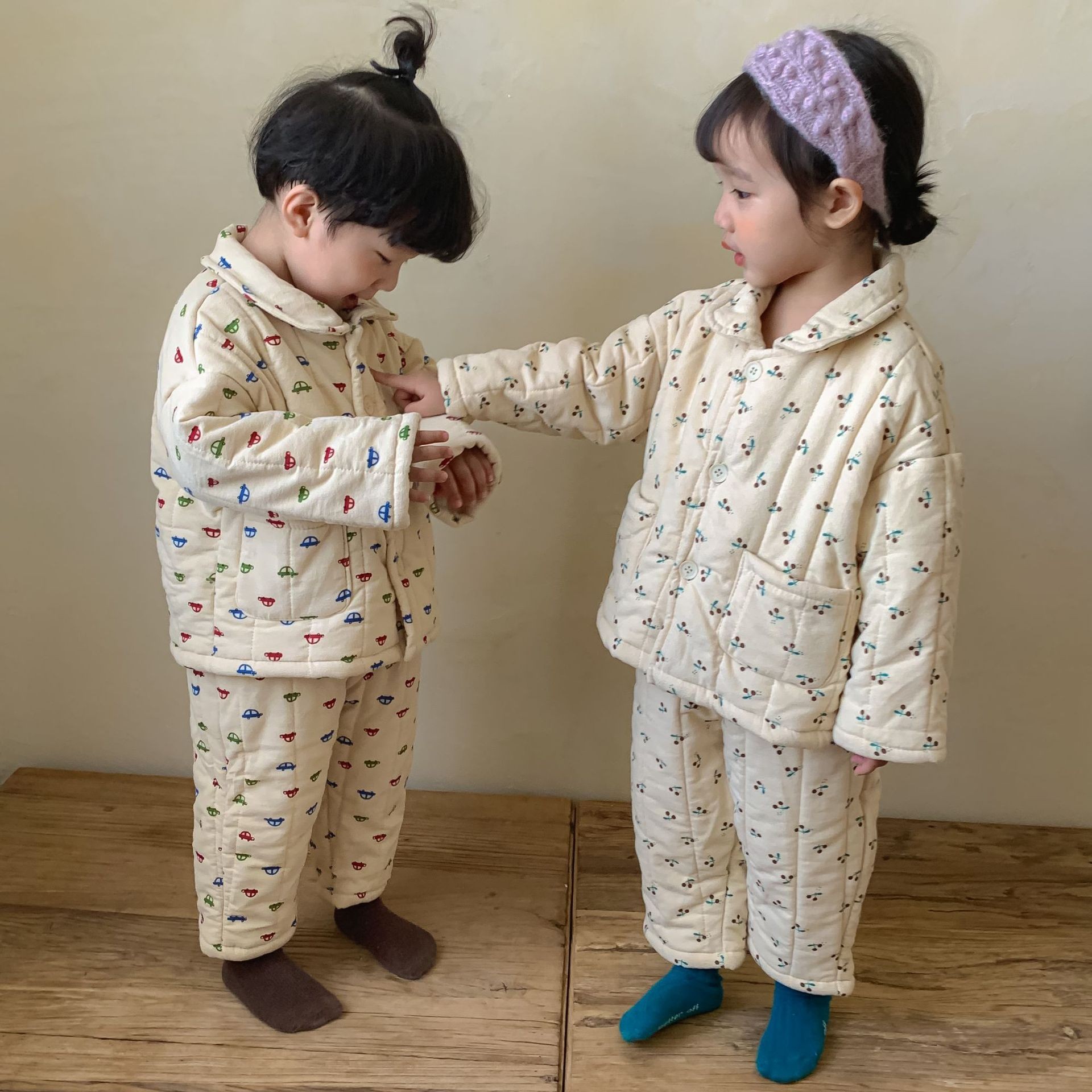 儿童睡衣套装冬季男女童加绒三层夹棉中小童宝宝家居服洋气两件套