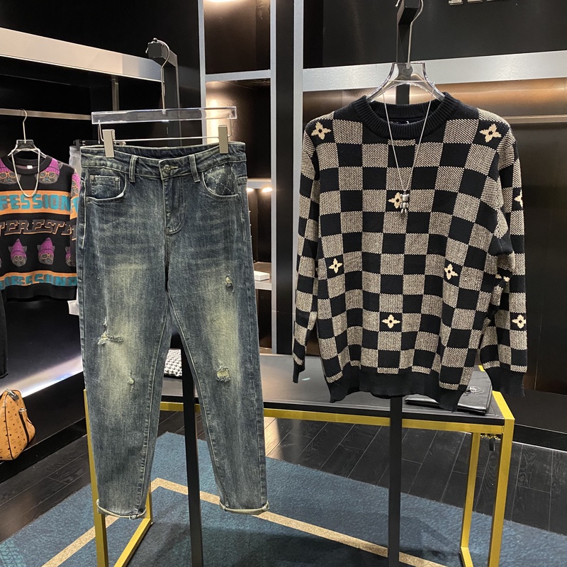 断码冬季新款棋盘格男毛衣圆领套头长袖加厚针织衫