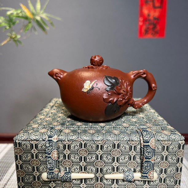 精品小花器·全手工·花开富贵·145cc·原矿朱泥