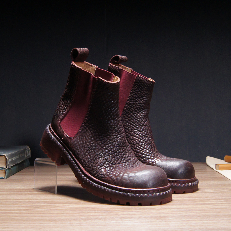 虫二坊缩纹马臀皮切尔西靴子男皮底固特异水洗复古巨齿鲨短靴圆头