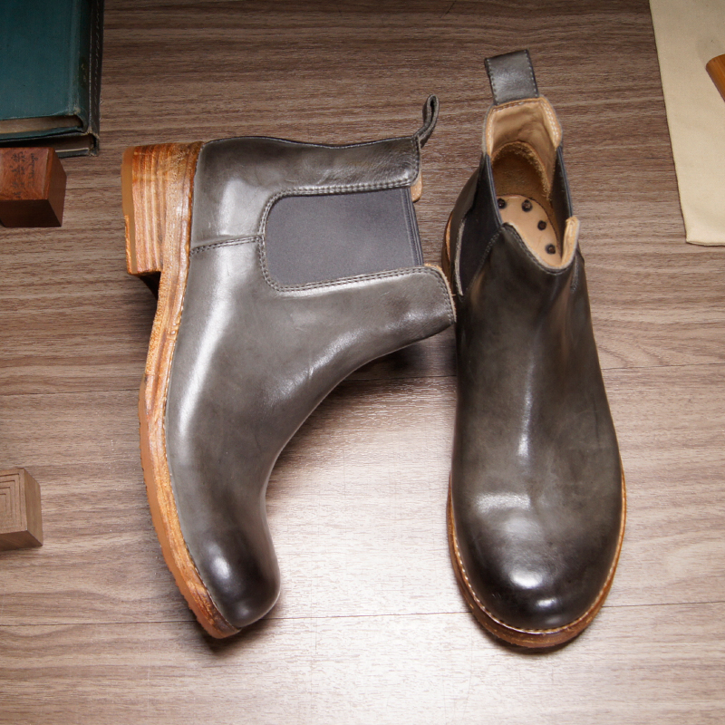 虫二坊手工复古男士切尔西靴牛皮重水洗固特异一脚蹬短靴皮底圆头