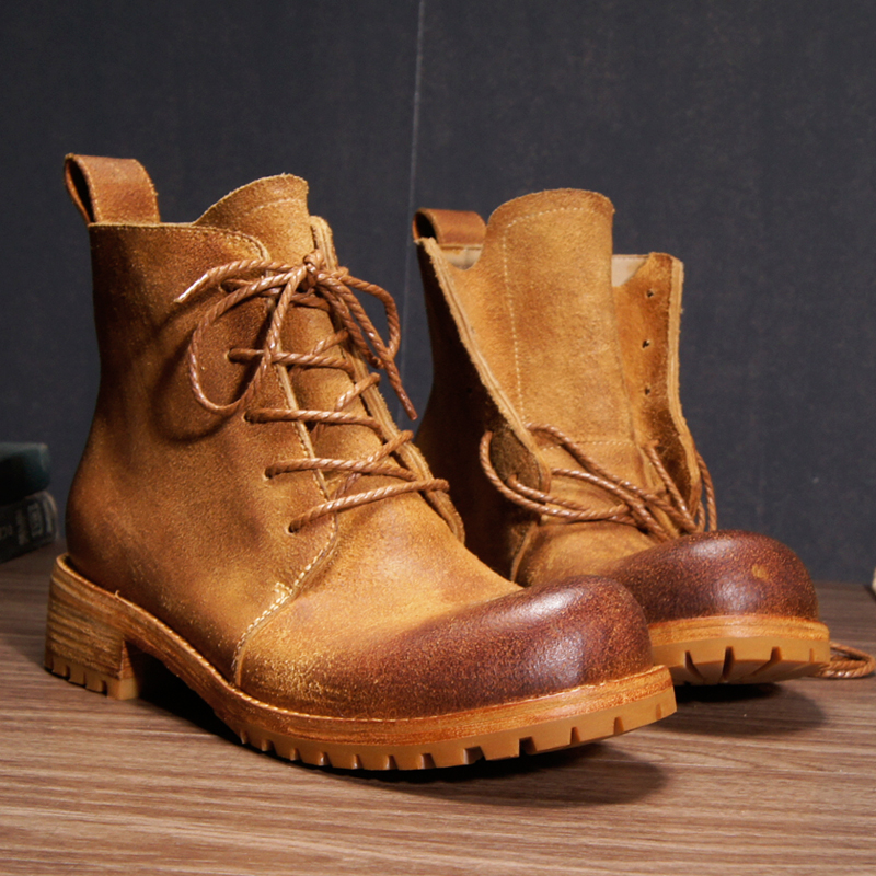 虫二坊手工复古高帮沙漠靴男植鞣牛皮马丁靴增高翘头秋冬磨砂短靴