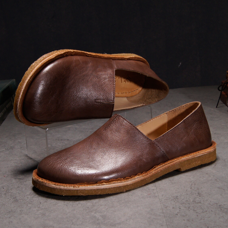 夏季一脚蹬单鞋植鞣牛皮手工复古软底男士夏季透气皮鞋开车鞋软面