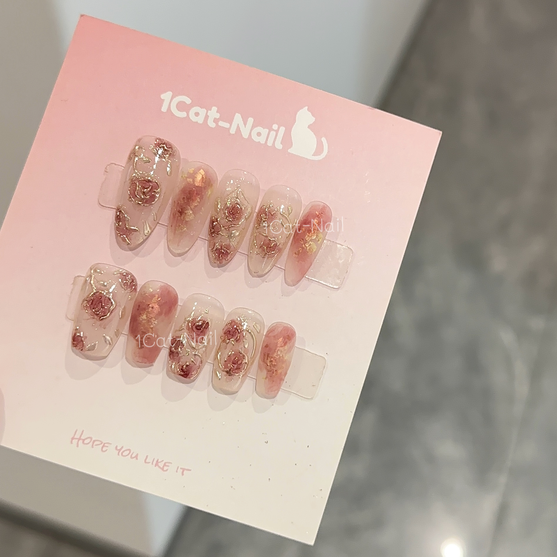 「藤蔓」手绘温柔蝴蝶玫瑰粉色浪漫小众穿戴甲中长款学生美甲