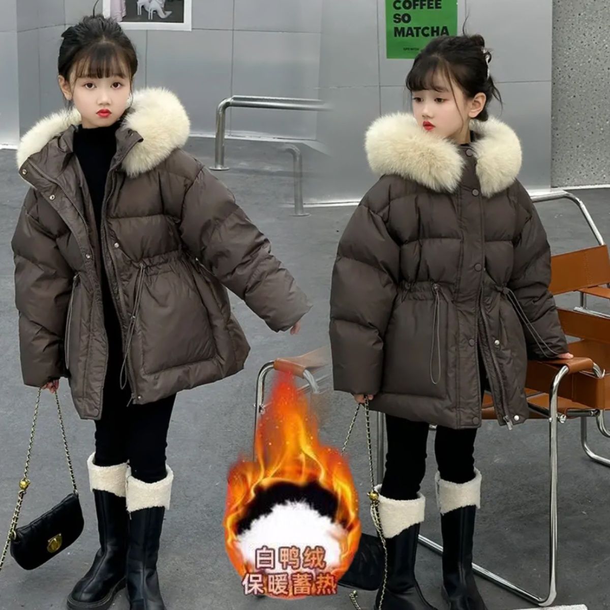 巴拉巴拉女童羽绒服冬装2023新款加厚儿童中长款大毛领90白鸭