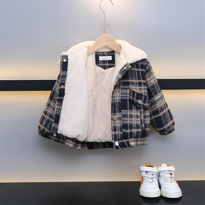 巴拉巴拉儿童加绒外套男童格子毛呢大衣2023新款痞帅男宝宝秋