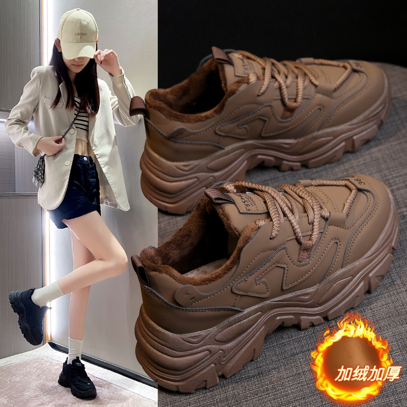 旺贝回力棕色老爹鞋女加绒休闲运动棉鞋冬季超火潮厚底学生鞋2023