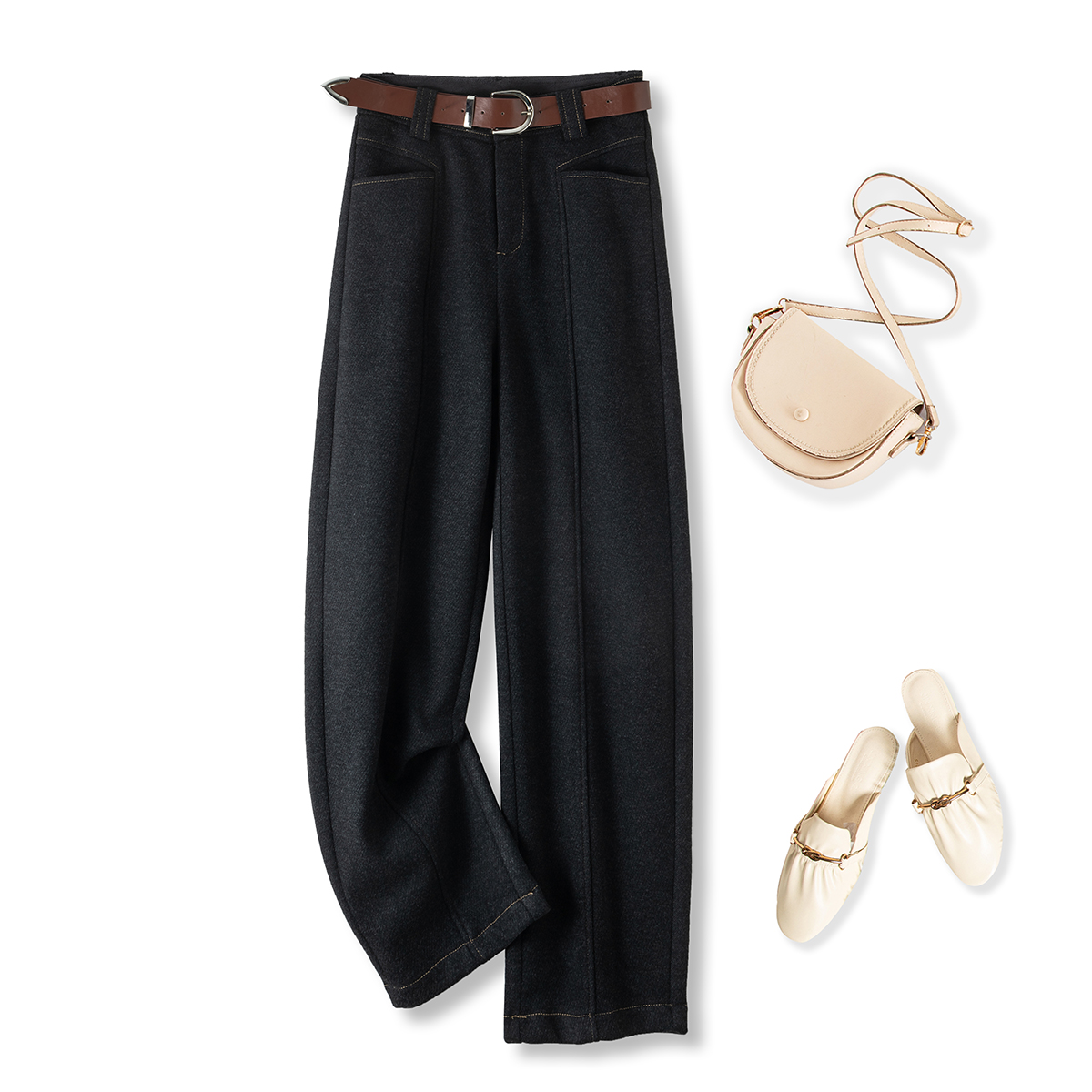 【加绒加厚】醋酸绵羊毛弯刀月亮裤女冬保暖显瘦阔腿直筒裤232073