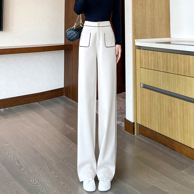 【云柔毛呢】小香风秋冬加绒加厚直筒裤女高腰显瘦阔腿裤口袋设计感