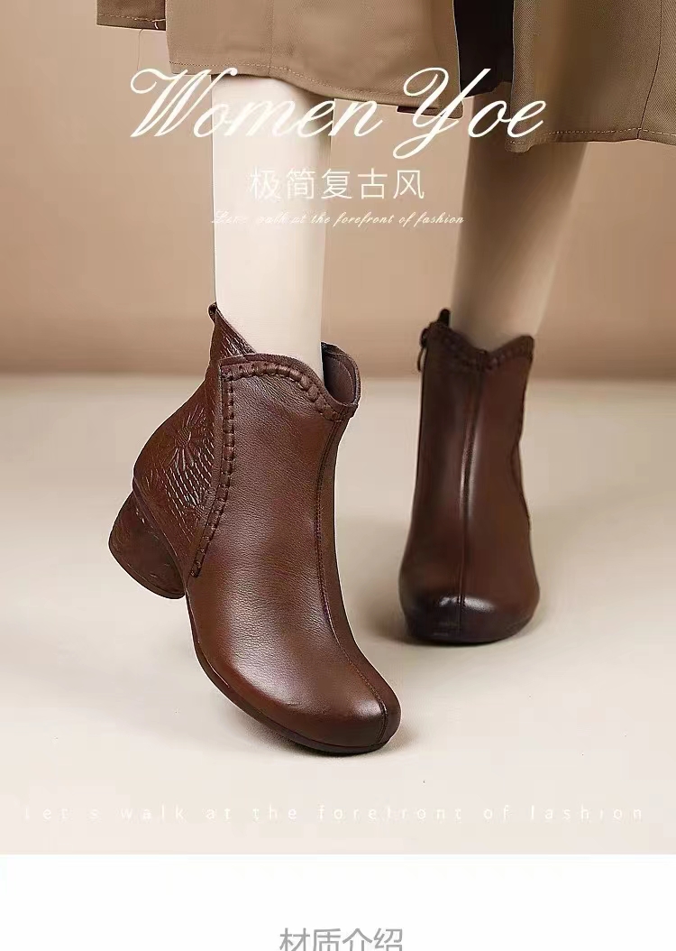 真皮小粗跟女冬季软底防滑保暖圆头中跟妈妈靴牛皮复古加绒马丁靴