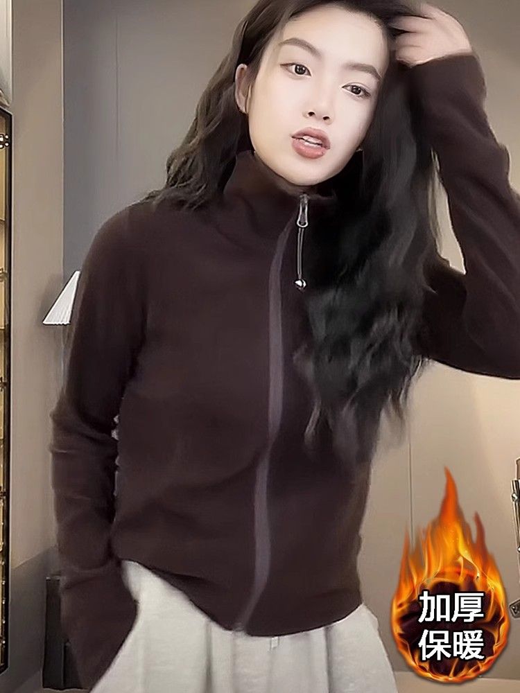 2025春秋新款美拉德风拉链秋冬卫衣女设计感百搭立领休闲开衫外套