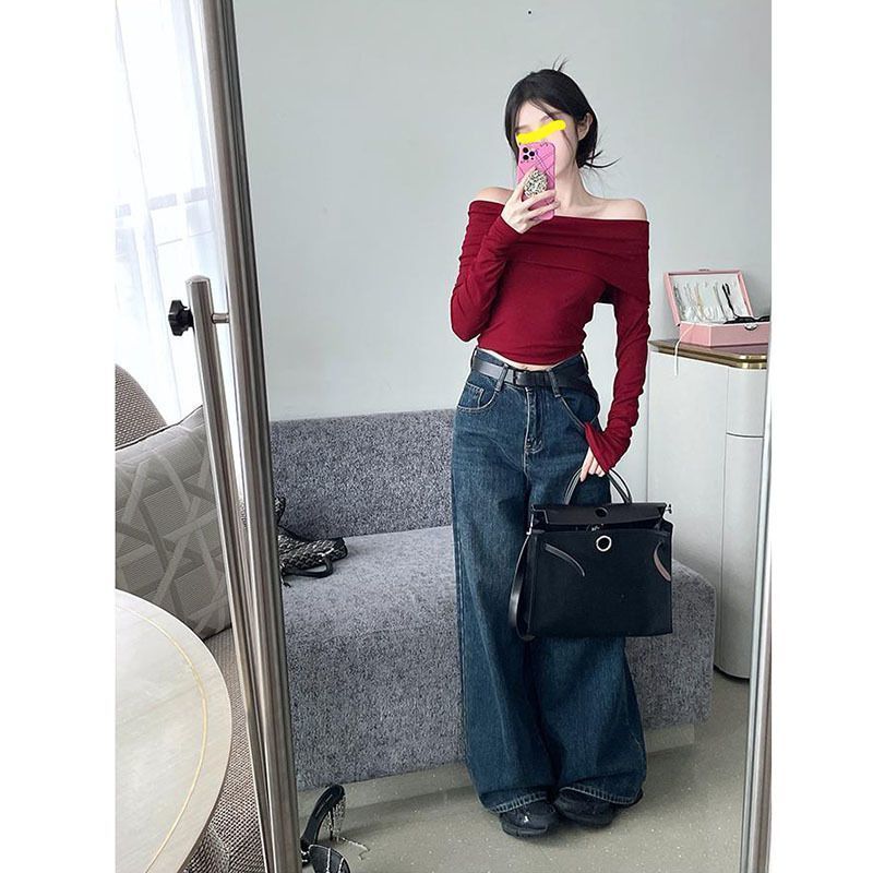 露肩毛衣一字肩针织上衣女内搭修身秋季穿搭法式高级感锁骨打底衫