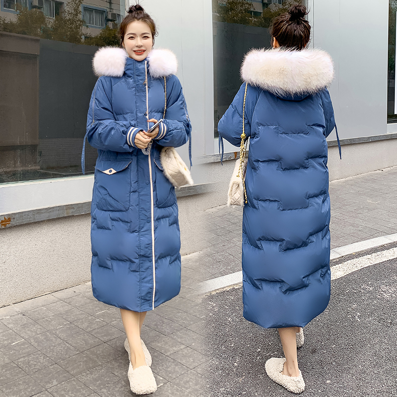 2024韩版加长款过膝撞色胖特大码200斤加肥加大加厚保暖羽绒服184