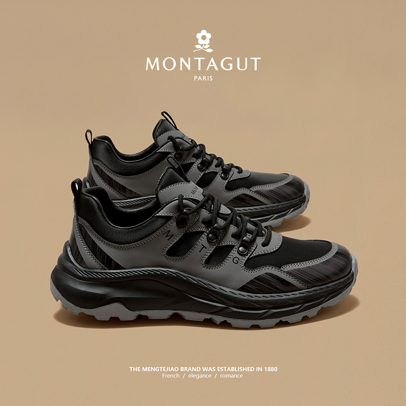 梦特娇潮流男鞋2024新款老爹鞋男款春夏厚底运动休闲鞋子头层牛皮