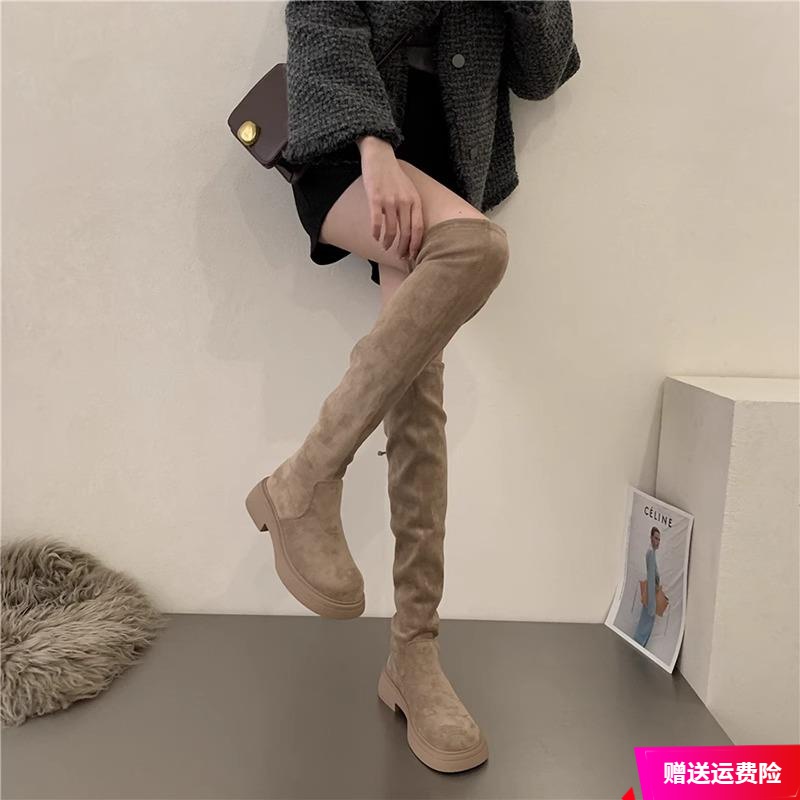 红蜻蜓牌过膝长筒靴女粗腿堆堆靴弹力显瘦包腿绒面高筒骑士长靴子