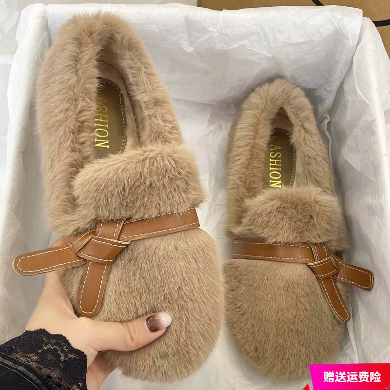 红蜻蜓牌厚底内增高加绒圆头毛毛鞋女秋冬外穿温柔网爱一脚蹬女鞋