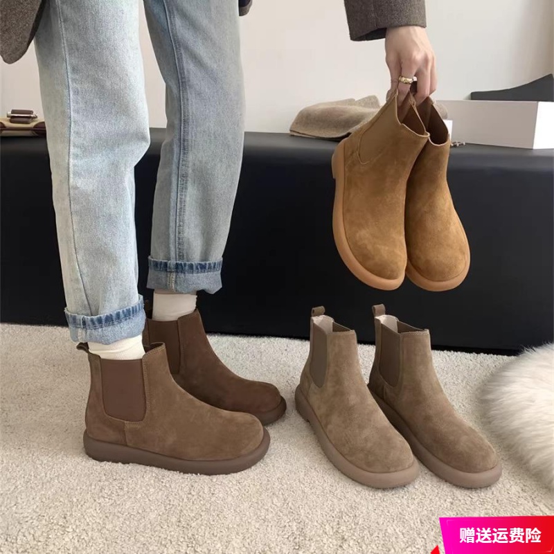 红蜻蜓牌磨砂厚平底靴短筒单靴女秋冬加绒软底勃肯鞋马丁靴女短靴