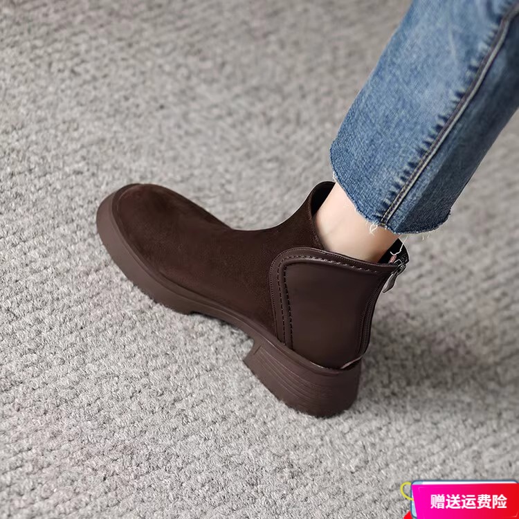 红蜻蜓牌英伦风磨砂短靴女厚底2023秋冬新款软皮翻毛皮马丁靴粗跟