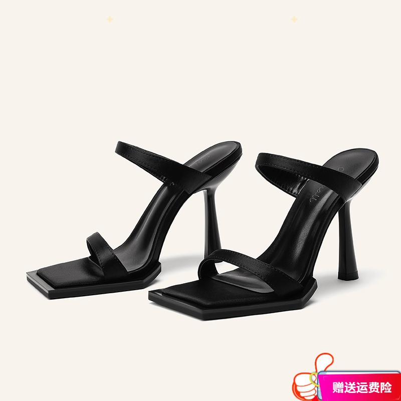 红蜻蜓牌202夏3新款一字带方头露趾高跟凉鞋女时尚酒杯跟宽底链条