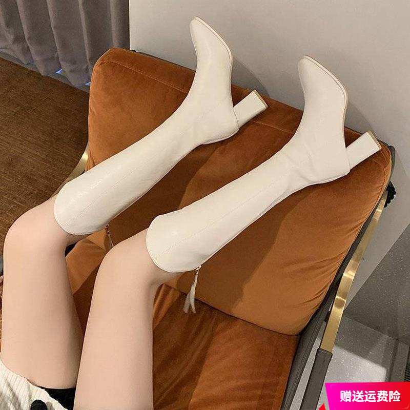 红蜻蜓牌秋冬新款长靴女不过膝白色高筒靴粗跟方头加绒百搭长筒靴