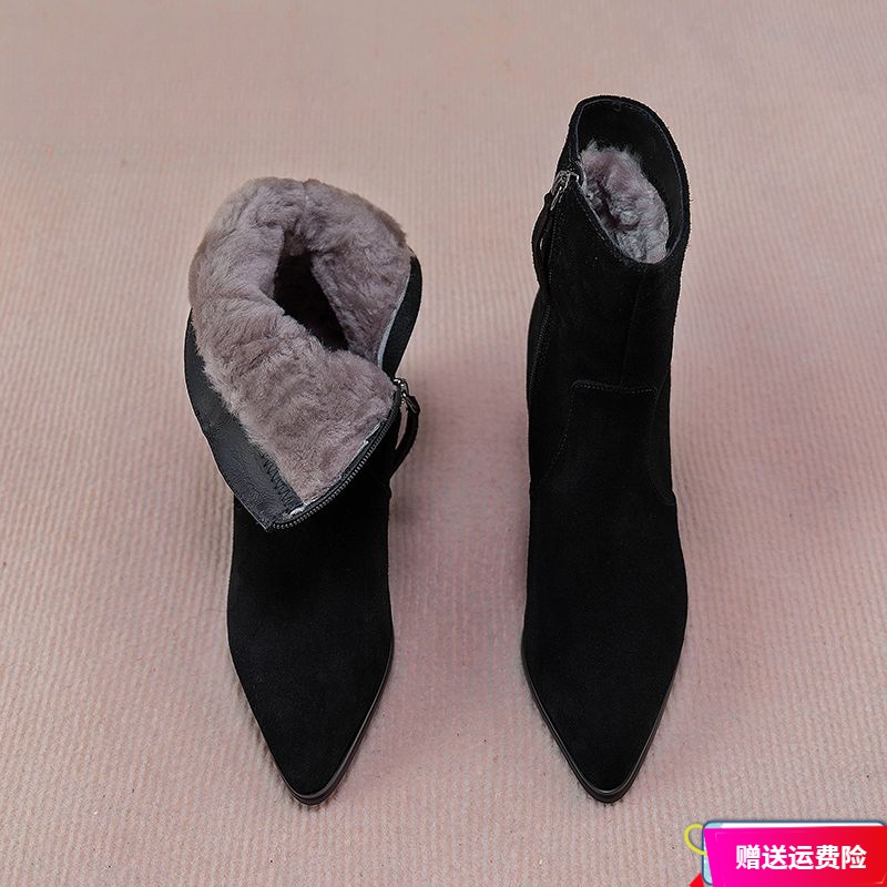 红蜻蜓牌皮毛一体女鞋2023冬季加厚尖头棉靴粗跟短靴加绒棉鞋高跟