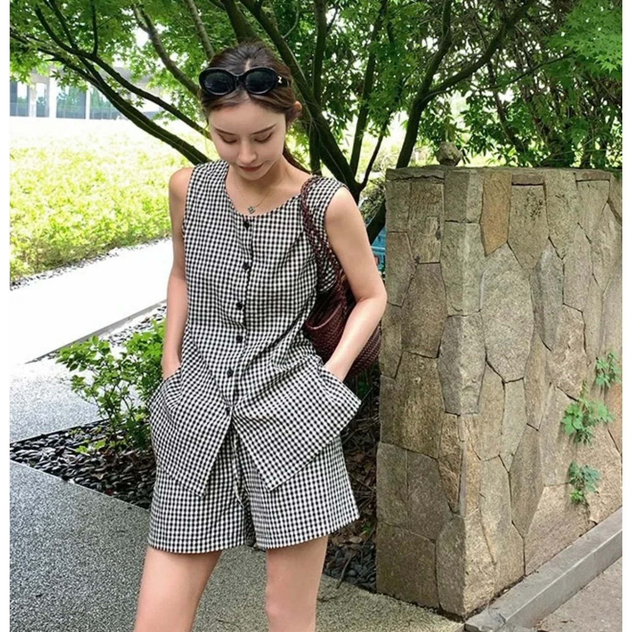 【小资棉麻短裤】显瘦时尚休闲复古格子女宽松热裤短裤气质高腰短裤