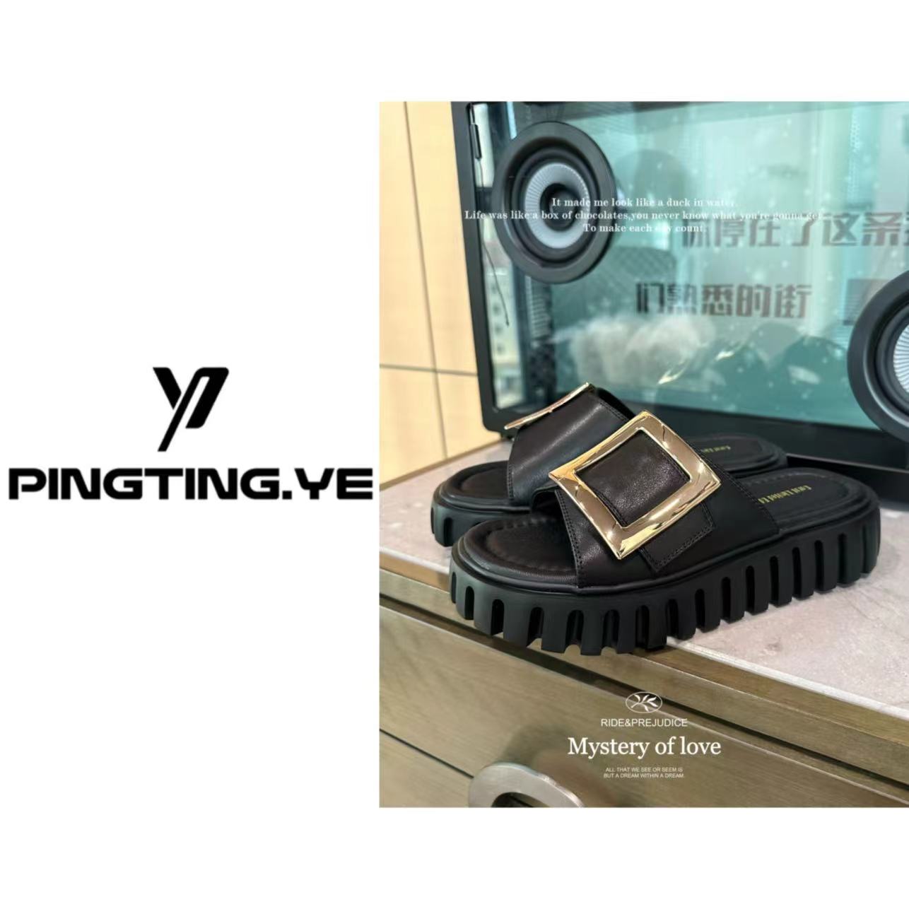 夏季时尚百搭罗马方扣厚底增高防滑拖鞋