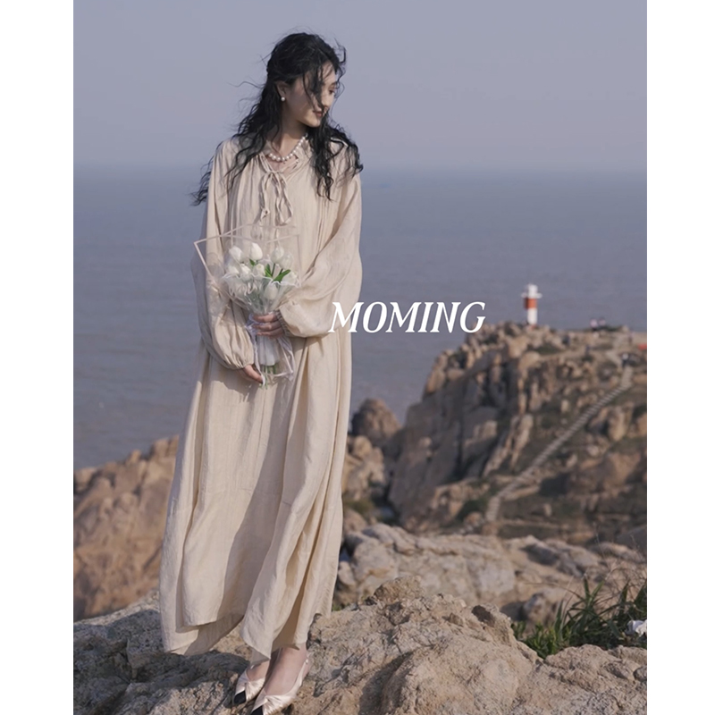 MOMING  朝夕之瞬 法式复古气质灯笼袖桃花大皱立领绑带连衣裙