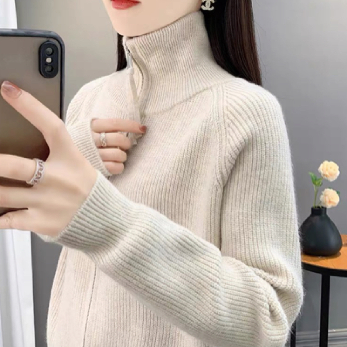 拉链加厚毛衣女秋冬季2024新款宽松保暖高领抗寒针织开衫外套上衣