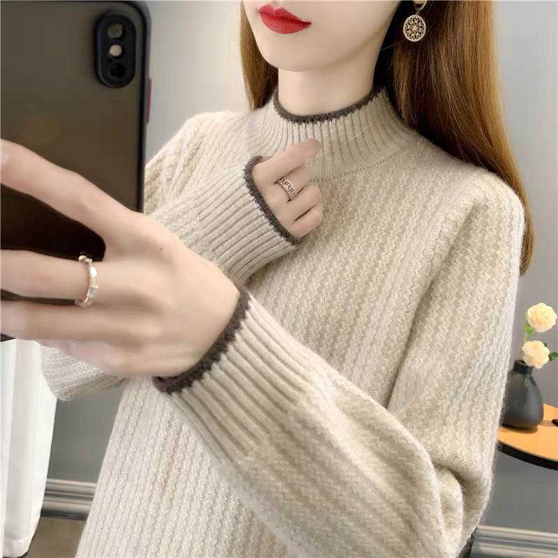 秋冬新款半高领针织打底衫加厚百搭宽松套头内搭外穿保暖红毛衣女