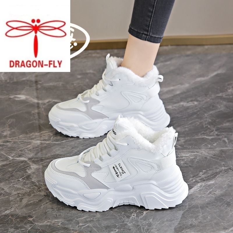 红蜻蜓牌女鞋高帮加绒老爹鞋女冬季2023新款小白运动休闲鞋皮面防