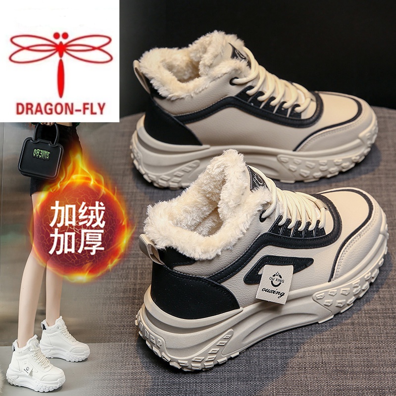 红蜻蜓牌棉鞋女爆款加绒真皮高帮老爹鞋女2023年冬季新款百搭小码