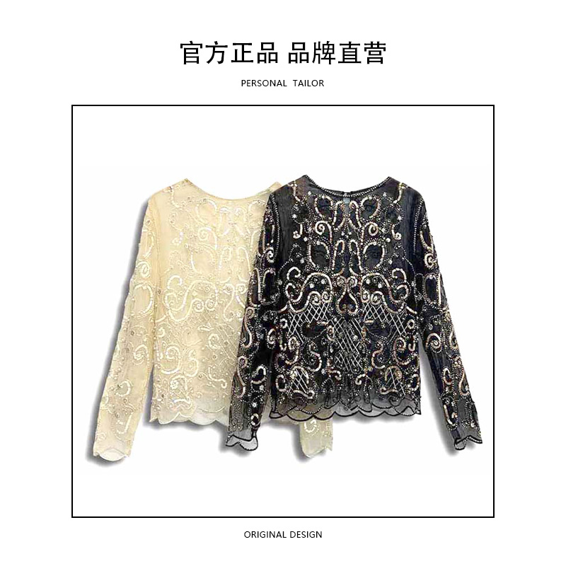 时尚百搭气质高货网纱上衣圆领长袖打底衫重手工刺绣宽松百搭-362