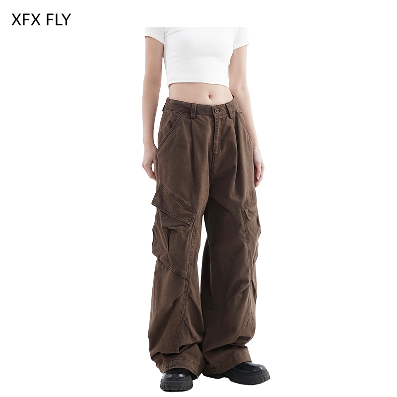 XFX 美式复古hiphop宽松直筒工装裤女高腰多口袋阔腿拖地运动长裤
