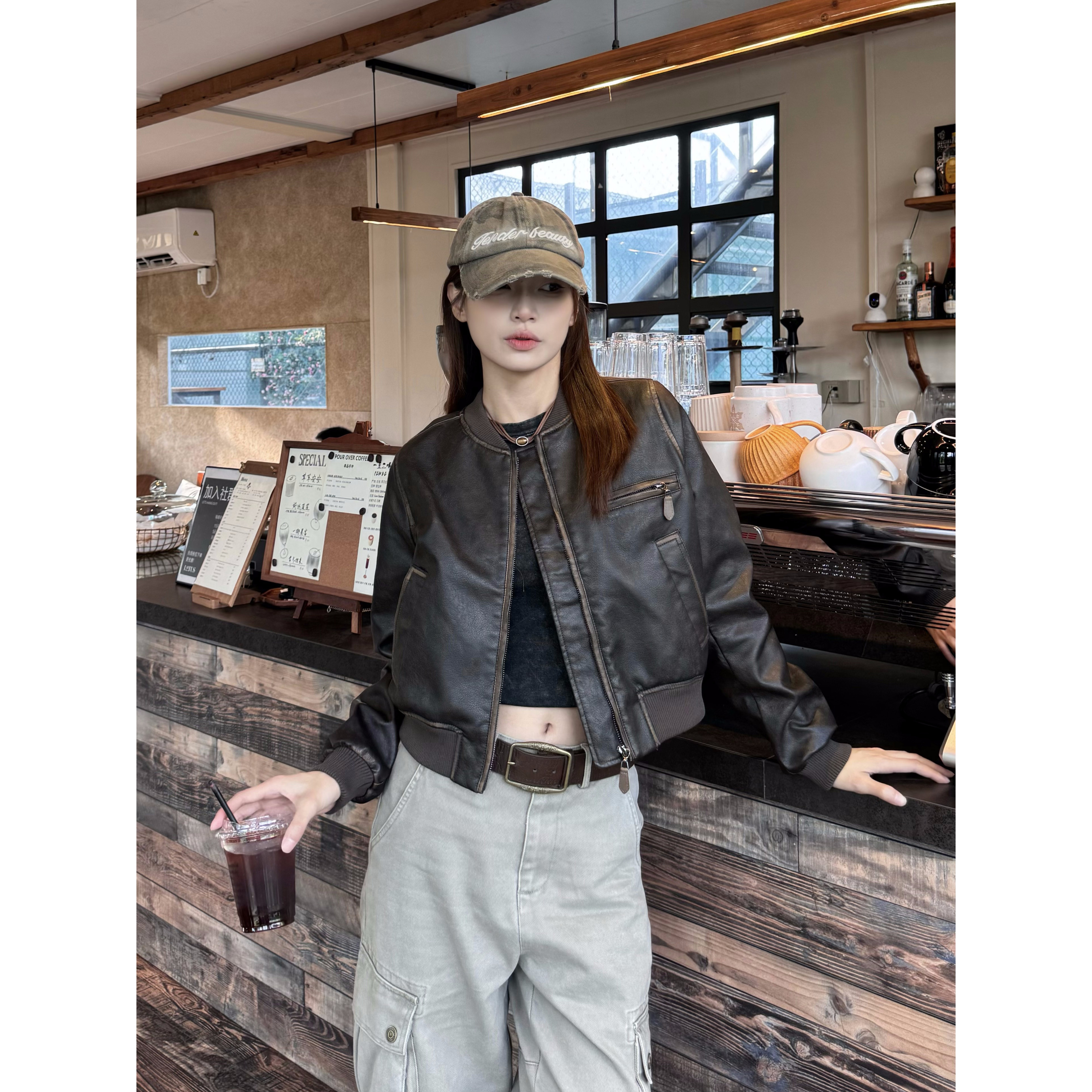 XFX 美式复古短款宽松皮衣夹克外套女秋季休闲小个子机车风上衣潮