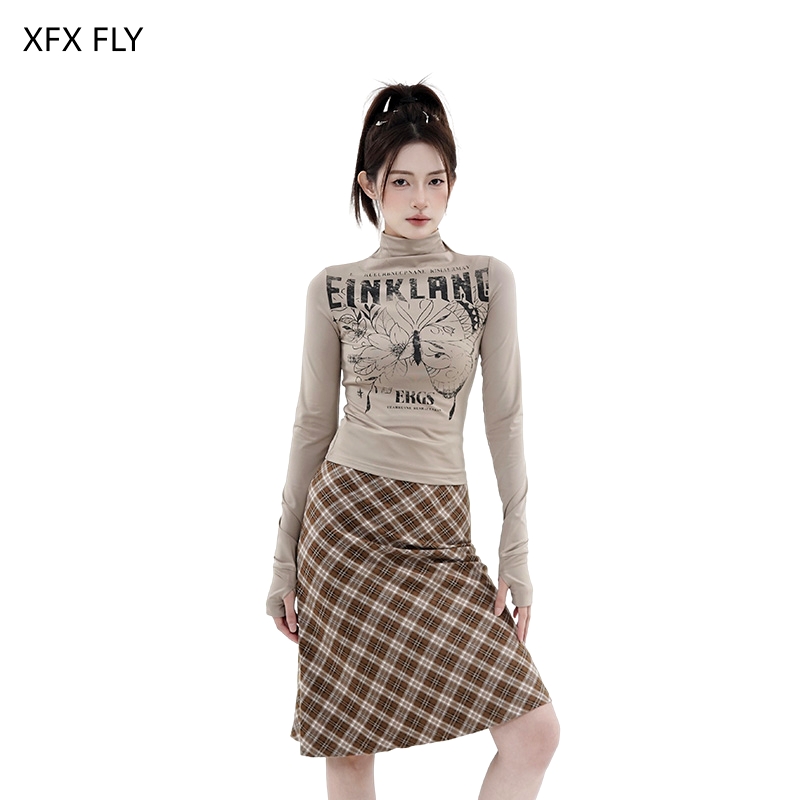 XFX国潮美式复古辣妹半高领修身长袖T恤女早春蝴蝶显瘦打底衫上衣