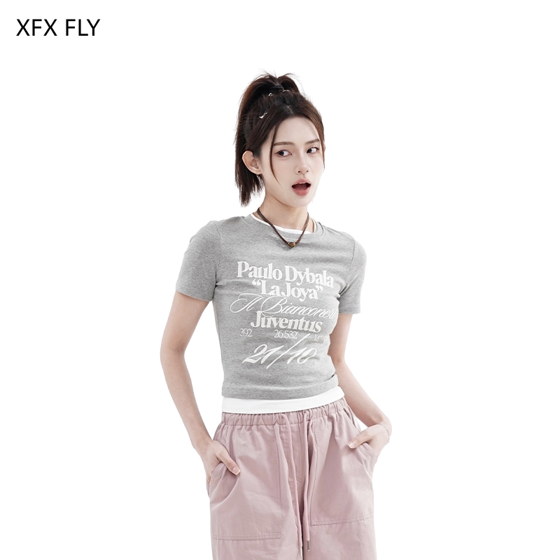 XFX 美式复古短款短袖T恤女辣妹小众修身显瘦拼接假两件上衣ins潮