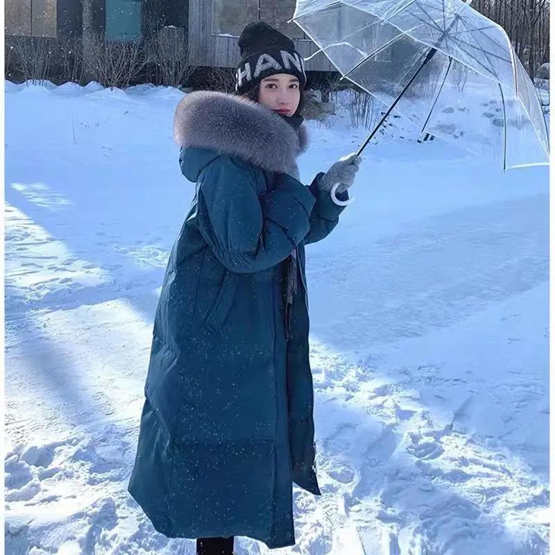 艾莱依真白鸭绒羽绒服女中长款2023冬季新款大毛领韩版过膝加厚显