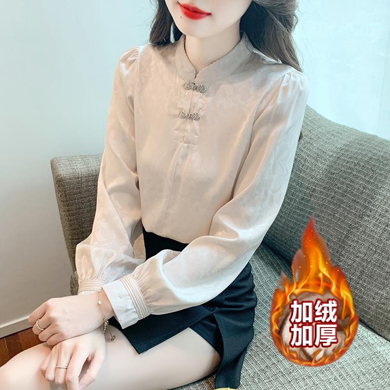 秋冬加绒加厚高级感盘扣衬衫女装新中式提花立领上衣小个子雪纺衫
