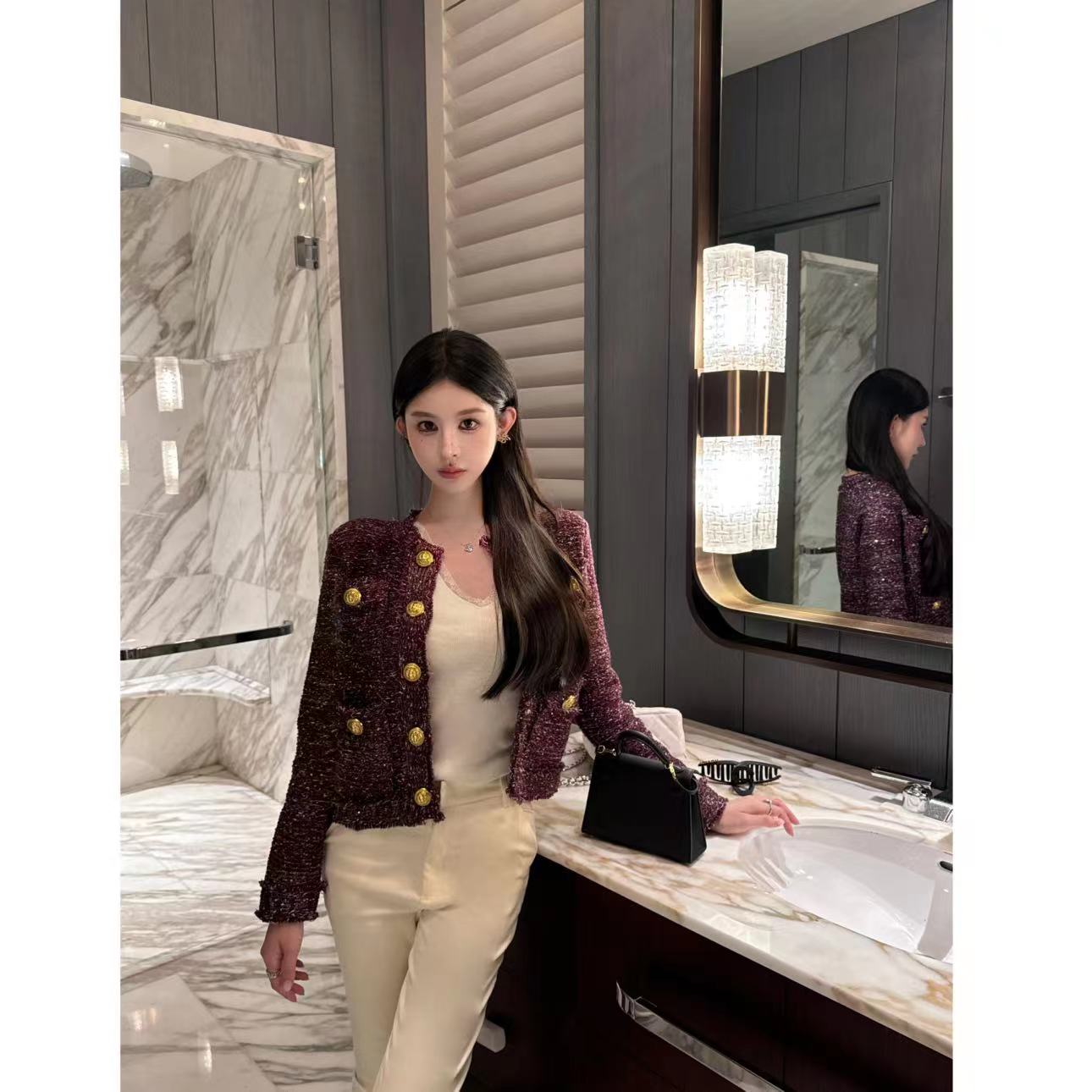 【莉萍定制】秋季新款正肩紫色轻奢外套女复古小香风富家千金上衣女