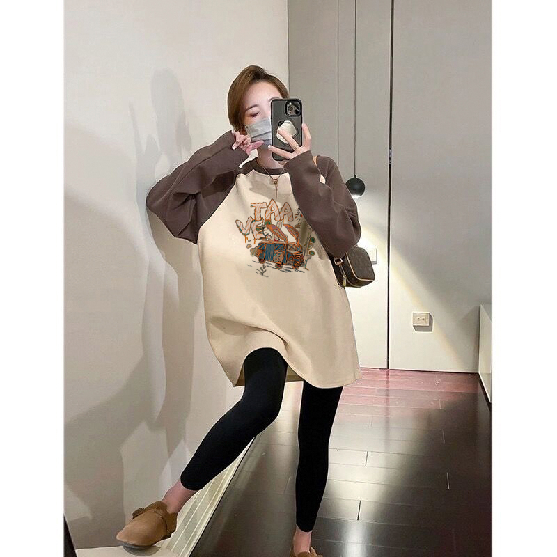 搭配鲨鱼裤的上衣中长款撞色加绒T恤女卫衣宽松减龄遮屁股打底衫