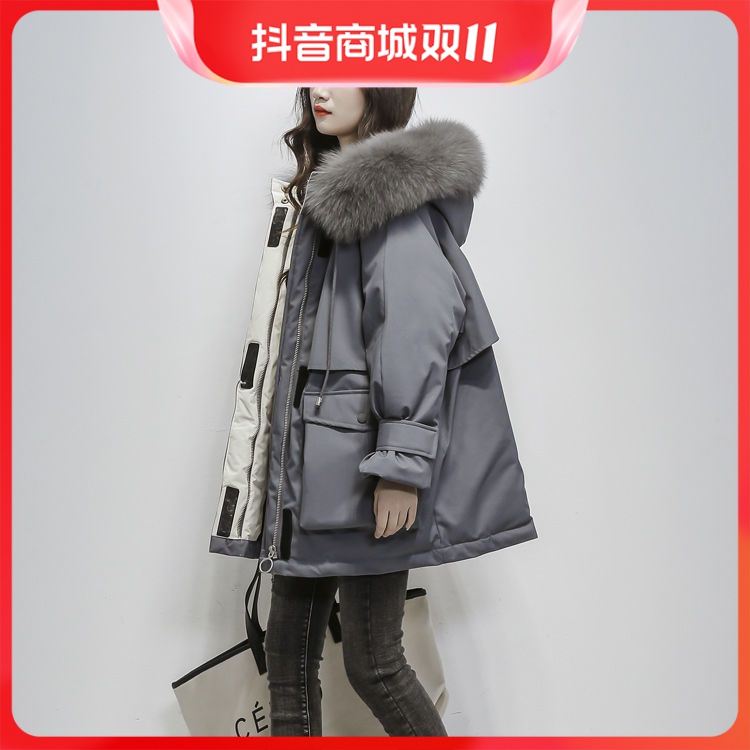 时尚登派克服女中长款韩版2023羽绒棉服女宽松加厚大毛领棉衣
