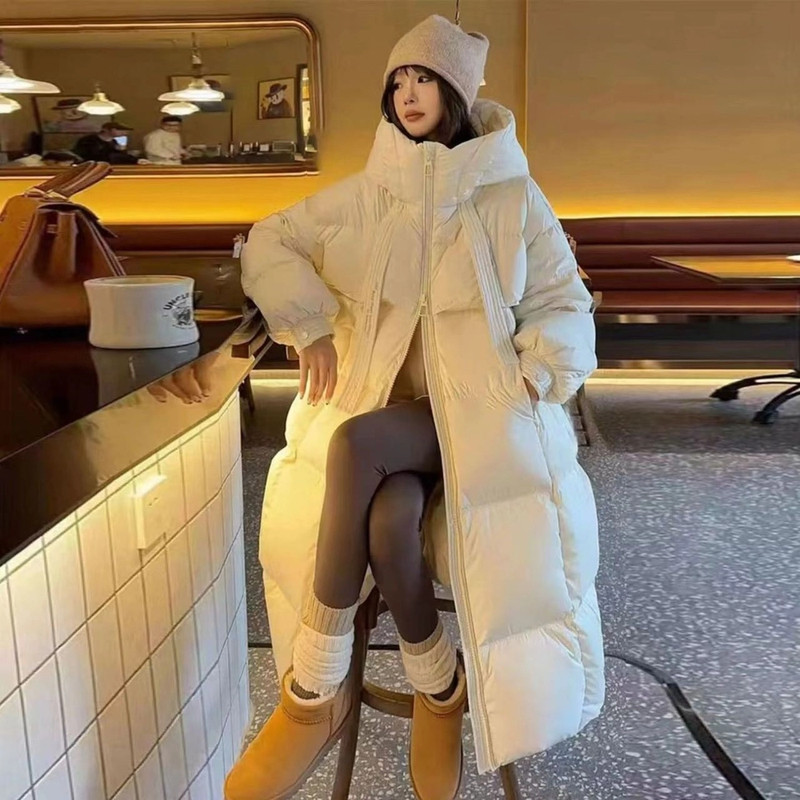2024韩版连帽加厚羽绒服女宽松外套中长款时尚保暖百搭