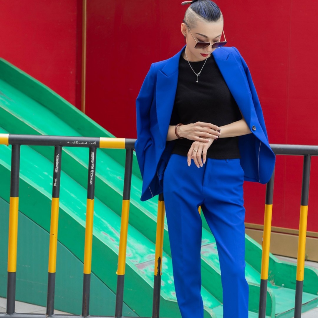 【丽爷】012-61春夏款蓝色长袖小脚裤西装套装