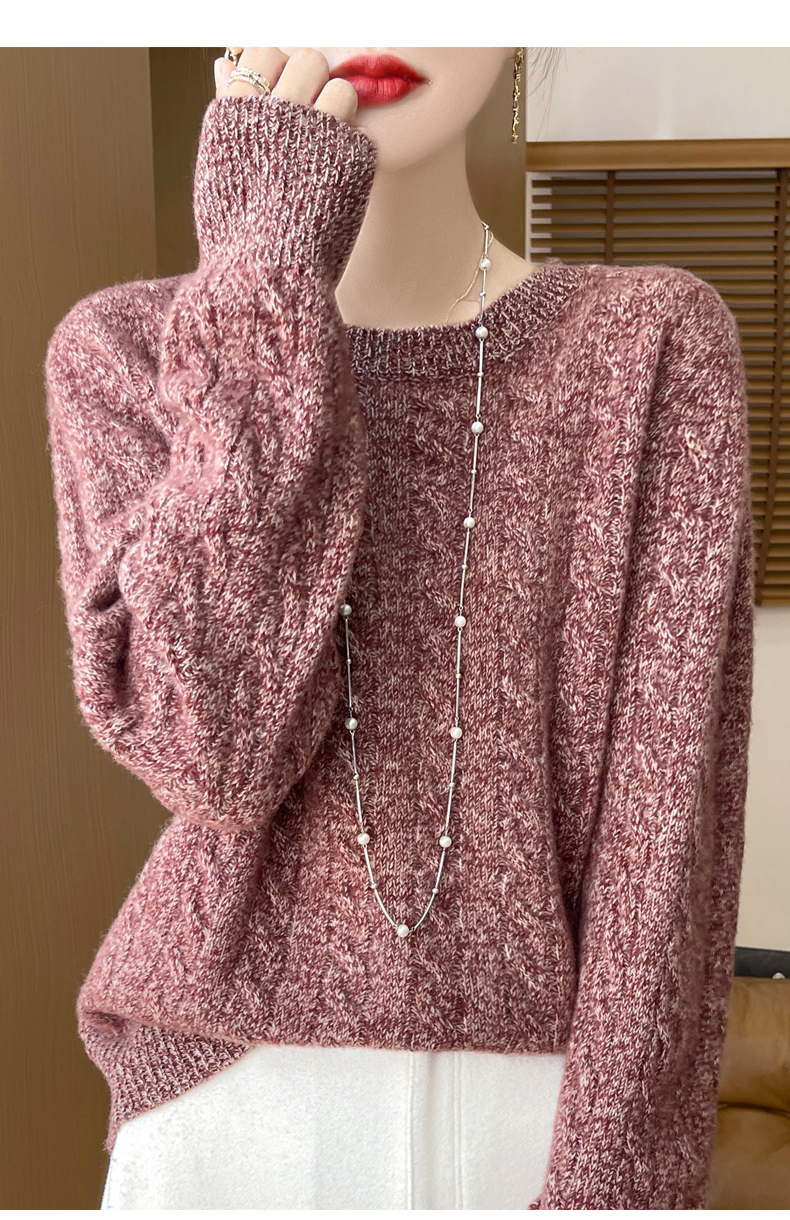 圆领花纱绞花女针织衫全羊毛套头346加厚休闲女装百搭长袖