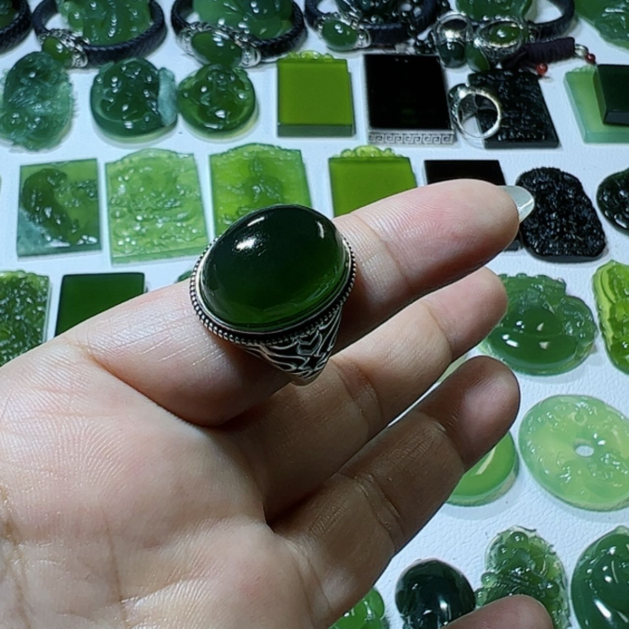 【闪购商品】蛇纹石玉戒指银S925镶嵌蓝*山