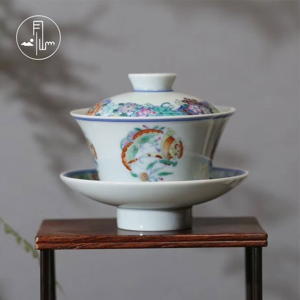 见山烧-青花斗彩万花蝴蝶盖碗茶具-景德镇陶瓷纯手工泡茶碗-105ml