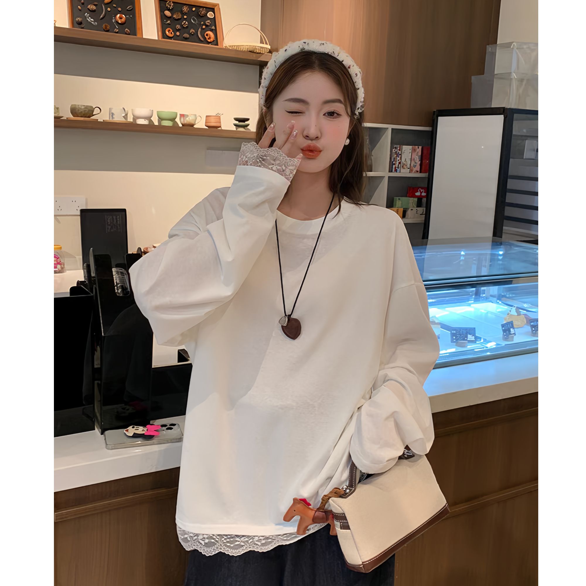 【蕾丝花边】2024秋冬新款加绒加厚保暖打底上衣女白色百搭长袖T恤