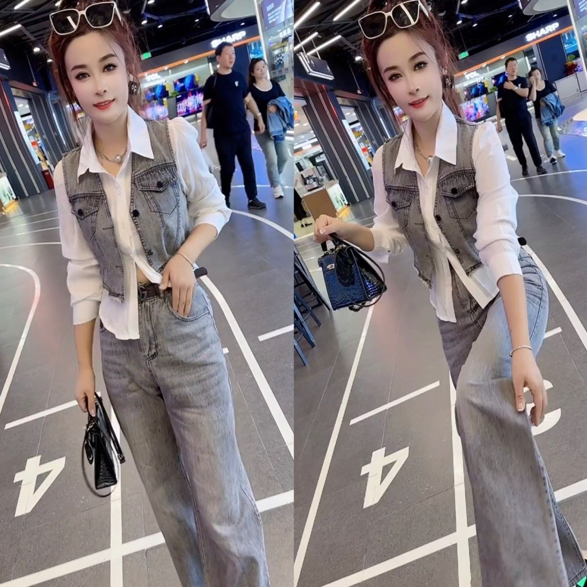 2024秋时尚牛仔马甲衬衫三件套女轻奢洋气韩版时尚休闲大码套装女